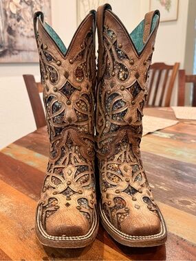 Corral C3405 Inlay Bone Square Toe Cowboy Boots Size 5.5